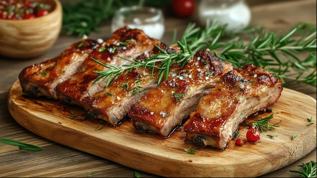 Costillas asadas con romero sobre tabla de madera