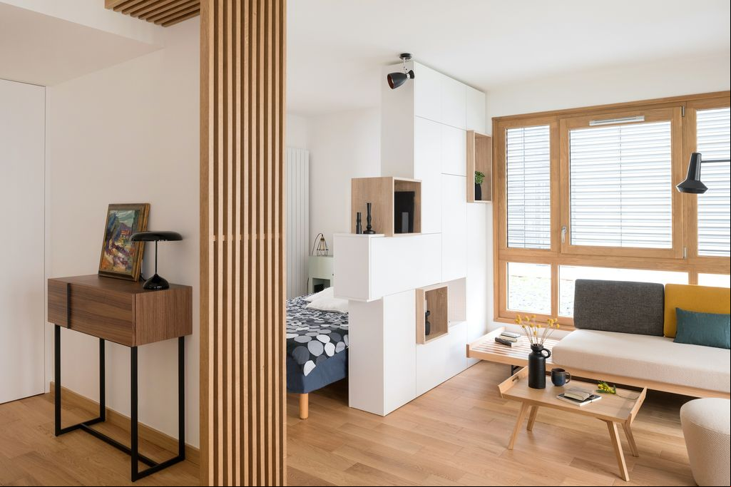Salón separado del dormitorio por una estantería