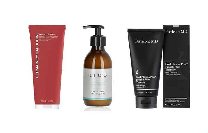 De izquierda a derecha: Perfect Forms Retinol Body Treatment de Germaine de Capuccini (59 euros); Cellulitic Retinol Gel de Lico Cosmetics (48,90 euros); y Cold Plasma Plus+ Fragile Skin Therapy de Perricone MD (69 euros). 