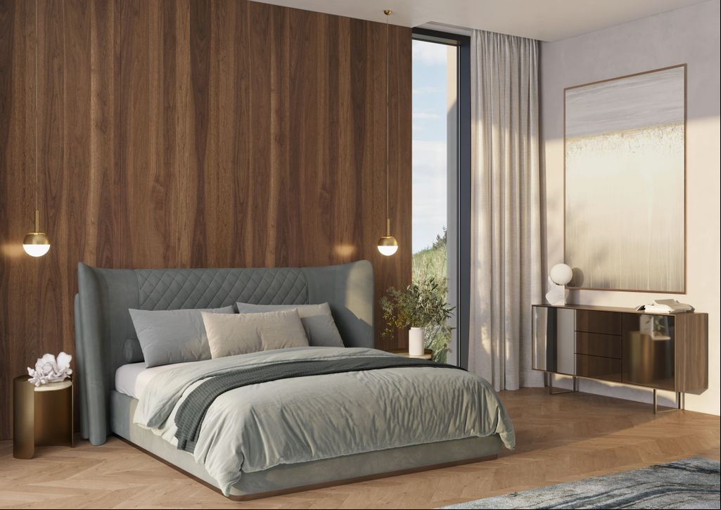 Dormitorio con pared de madera