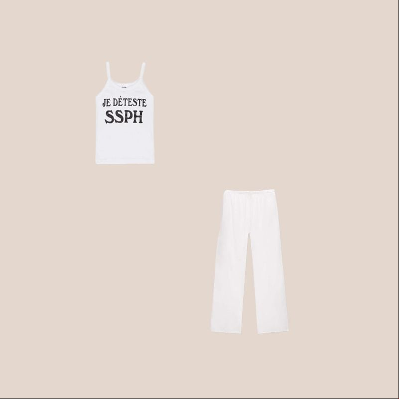 pantalon de lino blanco y top estilo camiseta interior