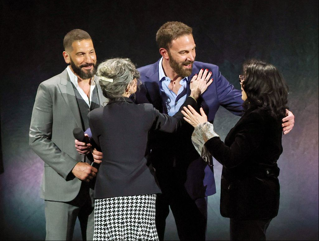 Jon Bernthal (L) and Ben Affleck (3rd L) are introduced onstage by Amazon MGM Studios Head of Film Courtenay Valenti (2nd L) and Amazon MGM Studios Head of Marketing Sue Kroll (R) at the Amazon MGM Studios presentation during CinemaCon, the official convention of Cinema United, at The Colosseum at Caesars Palace on April 02, 2025 in Las Vegas, Nevada