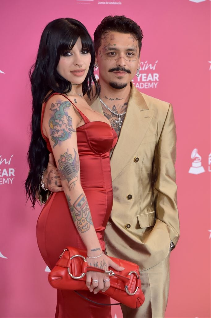 SEVILLE, SPAIN - NOVEMBER 15: (L-R) Cazzu and Christian Nodal attends The Latin Recording Academy's 2023 Person of the Year Gala Honoring Laura Pausini at FIBES Conference and Exhibition Centre on November 15, 2023 in Seville, Spain. (Photo by Juan Naharro Gimenez/Getty Images)