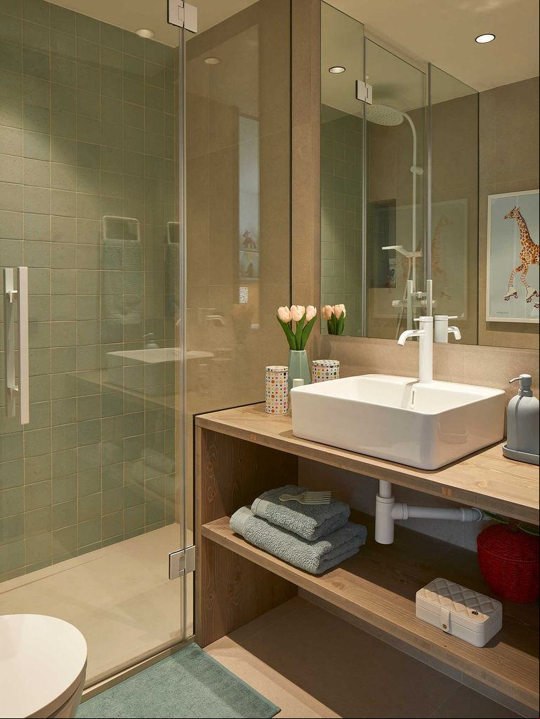 Cuarto de baño con mueble de madera y lavabo blanco