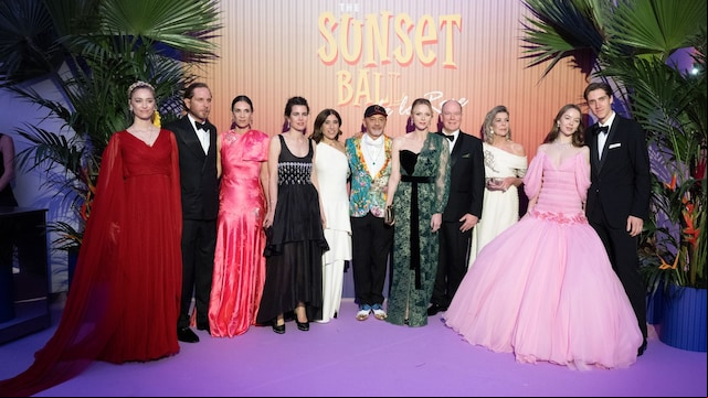 (L-R) Beatrice Borromeo, Andrea Casiraghi, Tatiana Santo Domingo, Charlotte Casiraghi, Blanca Li, Christian Louboutin, Princess Charlene of Monaco, Prince Albert II of Monaco, Princess Caroline of Hanover, Princess Alexandra of Hanover, and Ben Sylvester-Strautmann attend the Rose Ball 2025.