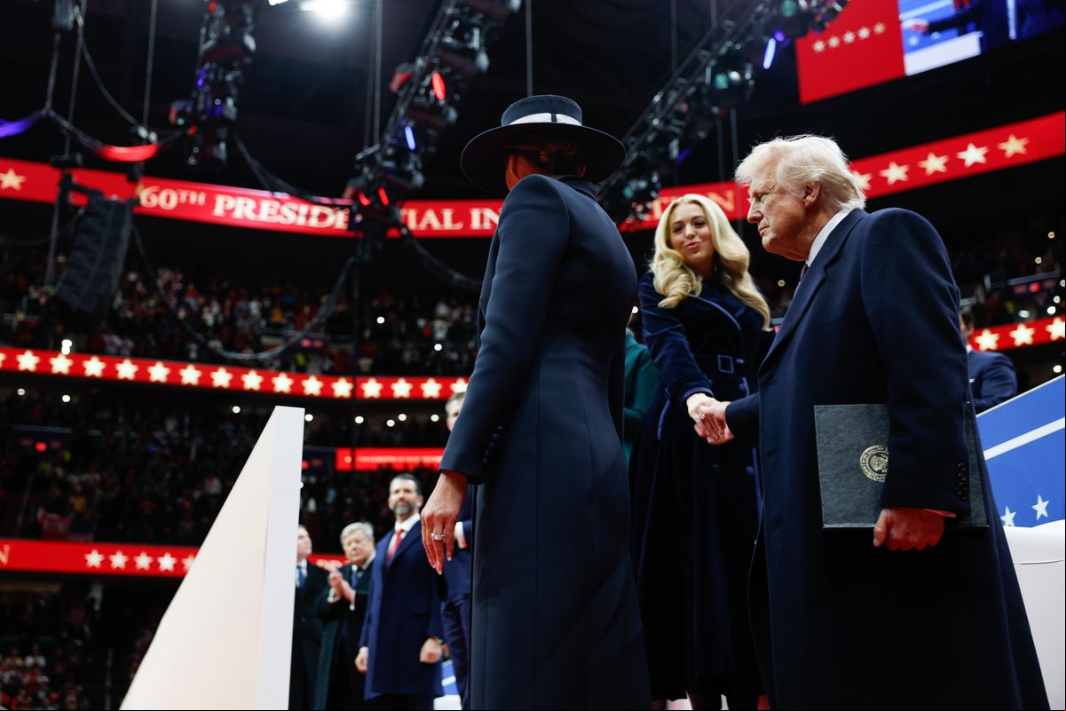WASHINGTON, DC - JANUARY 20: U.S. President Donald Trump and first lady Melania Trump greet Tiffany Trump, during an indoor inauguration parade at the Capital One Arena on January 20, 2025 in Washington, DC. Donald Trump takes office for his second term as the 47th president of the United States. (Photo by Anna Moneymaker/Getty Images)