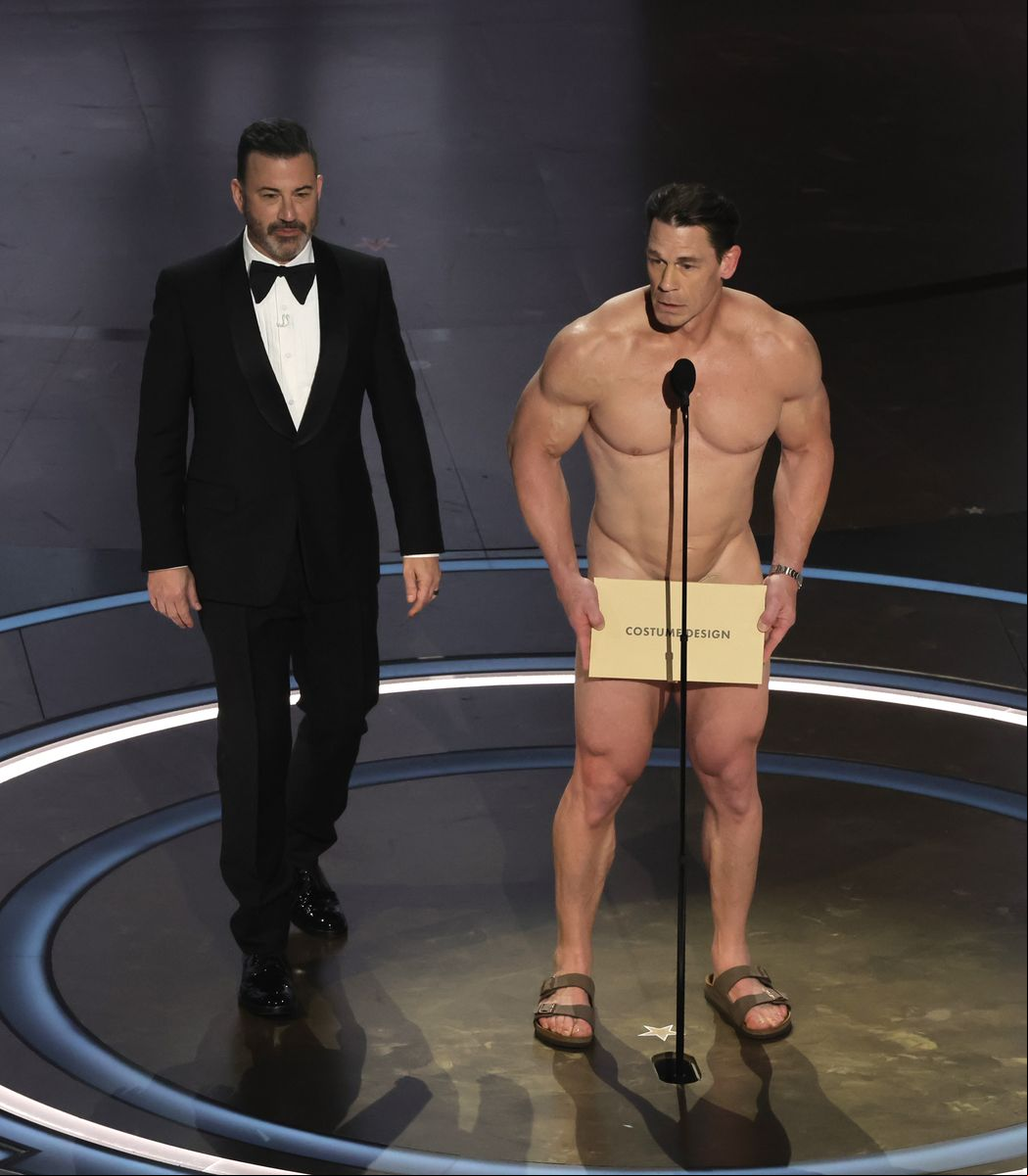 Jimmy Kimmel and John Cena speak onstage during the 96th Annual Academy Awards at Dolby Theatre on March 10, 2024 in Hollywood, California. (Photo by Kevin Winter/Getty Images)