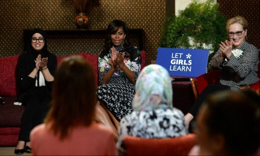 Michelle was ed by Meryl Streep as they met with young Moroccan girls during the "Let Girls Learn" event.
<br>
Photo: Getty Images